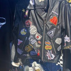 Faux Leather Jacket With Patches Size Large 