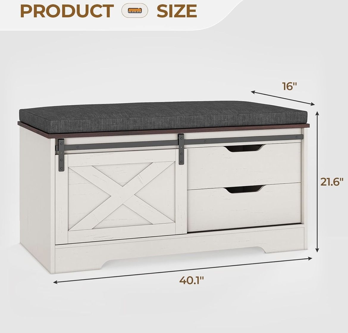 Storage Bench with Cushion, Shoe Rack with Slide Barn Doors, Adjustable Shelf and 2 Drawer for Entry, Bedroom, Closet, Living Room, Hallway (White Br