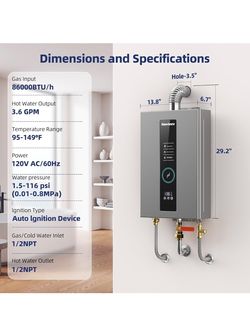 🔥Brand new🔥 Tankless Water Heater, Novieex On Demand Water Heater Natural Gas, Up to 3.6 GPM, 86,000 BTU Instant Hot Water Heater with LED Display, 