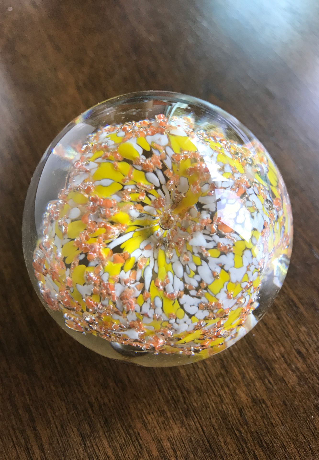 Bubble yellow orange flake paperweight