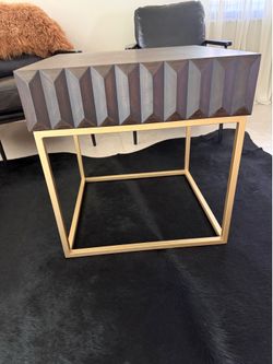 Modern Geometric Accent Table / End Table – Dark Wood & Gold Base (2 Available)