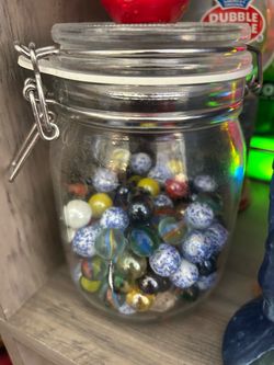 Glass Jar Full of Colorful vintage Marbles
