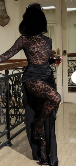 Black Floral Lace Long Sleeve Catsuit/skirt set