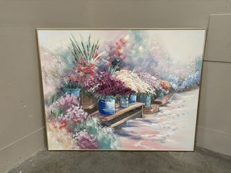Vintage Floral Still Life Oil Painting in Sleek Gold Toned Metal Frame