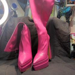 Hot Pink Chunky Heel Platform Boots
