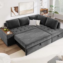 91.5 in. Square Arm Polyester L Shaped Sectional Sofa in. Gray with Pull Out Bed, Storage Seat and Armrest
