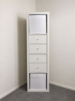 White Tall Storage Unit with Drawers and Bins