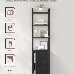 6-Tier Bookshelf, Tall Bookcase with Cabinet, Steel Frame, Adjustable Shelves, 9.4 x 15.7 x 62.8 Inches, Living Room Bedroom, Ebony Black and Ink Blac