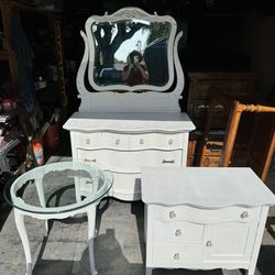 3 pc: solid wood 3-drawer dresser w/mirror $75, 3-drawer w/ cabinet $55, round console/ entry table w/glass top $25 