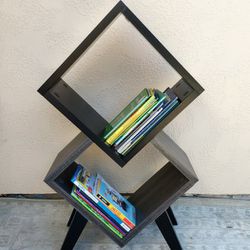 Unique 2-Tier Shelves Geometric Mid Modern Century Black Gray Dual Tone Bookcase Tapered Legs