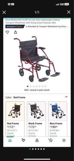Drive Medical DFL19-RD Fly Lite Ultra Lightweight Folding Transport Wheelchair with Swing-Away Footrests, Red Open box