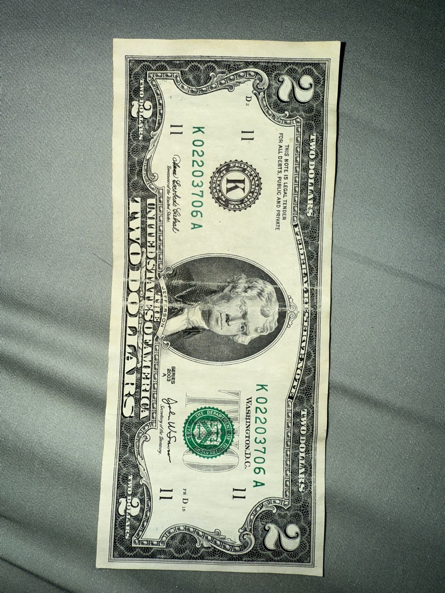 Rare 2003 Series A $2 Bill Low Serial #