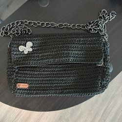 Handmade Black Crochet Shoulder Bag w/ Chain Strap