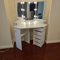 Vanity with Lights - Makeup Vanity Desk with Power Outlet, 3 Color Lighting Options Brightness Adjustable, 5 Rotating Drawers, Shelves and Stool for B
