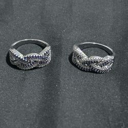 Sterling Silver Crossover Ring - Blue And Black  CZ
