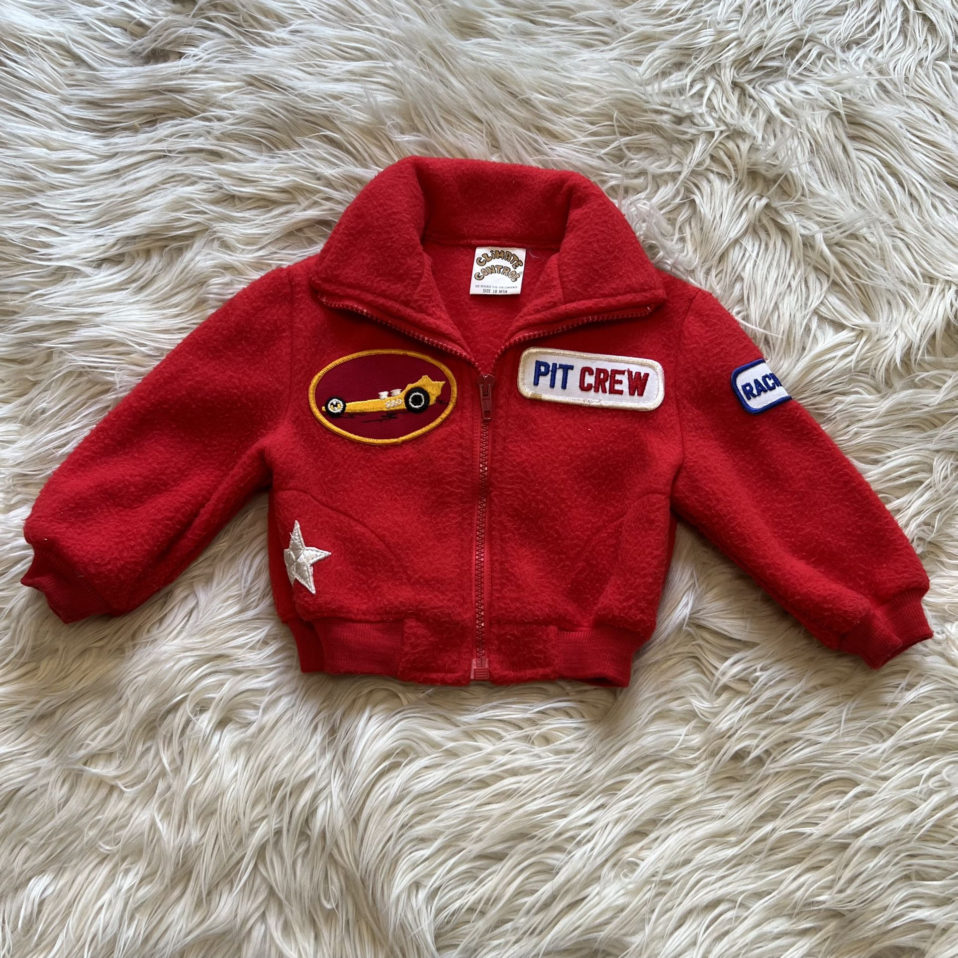 Vintage 90s Climate Control Pit Crew Racing Race Fleece Jacket Patched 18 Months