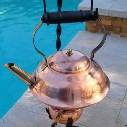 Vtg Copper And Brass Kettle 1.25qt , Stand&Warmer Coppercraft Guilt Taunton Mass