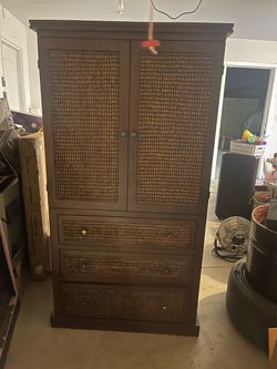 Wood and Wicker Armoire with Drawers