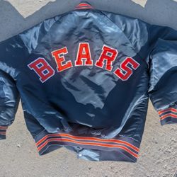Vintage 1980s Chicago Bears Men's Large Chalk Line Blue Satin Football Varsity Jacket 