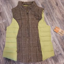 New Ruff Hewn Women's Puff Vest Brown Plaid with Bright Green Size L