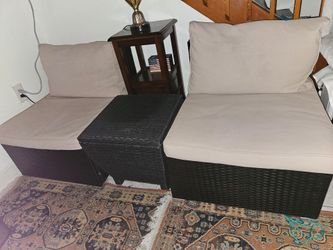 Outdoor Wicker Armless Sofa 2 Pack, Patio Rattan Sectional Sofa Set with Thick Seat Cushions and 2 Back Cushions for Garden
