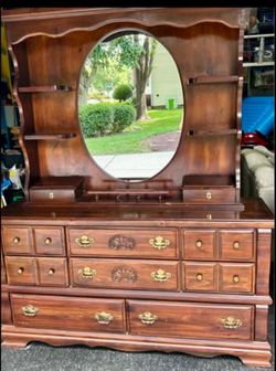 Vintage Solid Wood Bedroom Set – Dresser with Mirror & Tall Boy Chest