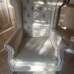 Elegant Tufted Wingback Accent Chair • Studded Trim • Neutral Beige 