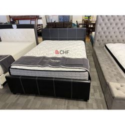 Full /  Queen Polyurethane / Faux Leather Upholstered Platform Bed with Stitching Design // June Sale