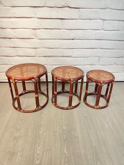 Vintage Round Rattan Cane Nesting Tables 3pc