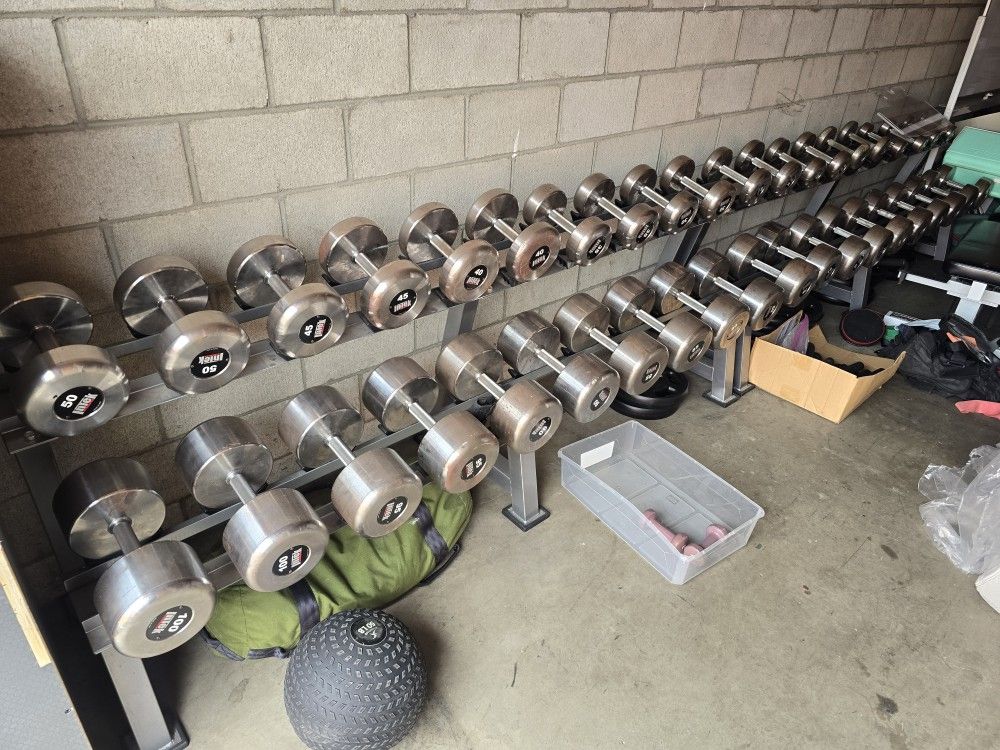 Intek Pro Style Kraft Raw Dumbbells 5lbs - 100lbs With Two Tier 2 Intek Storage Racks Commercial Gym