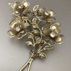 Large !Vintage  Coro  Gold Tone  AB Rhinestone  Flower  Bouquet  Signed 