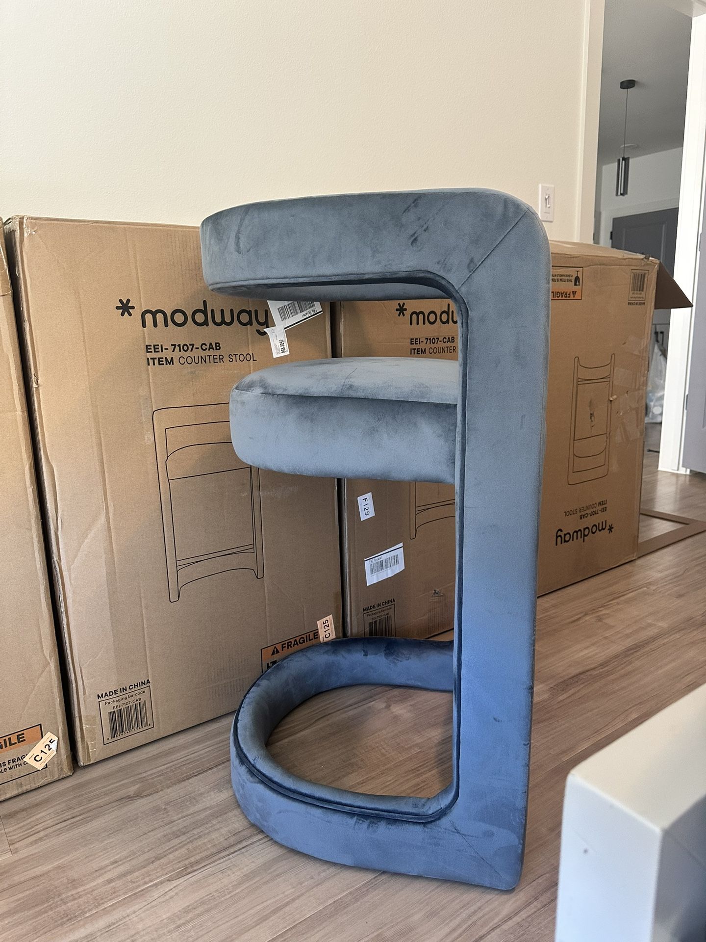 BRAND NEW SET OF 4 Cadet Blue Velvet Counter Stools