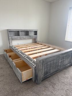 Grey full bed with drawers