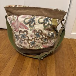 Lucky Brand Bucket Shoulder Bag Crossbody Canvas Suede Humming Bird Boho XL