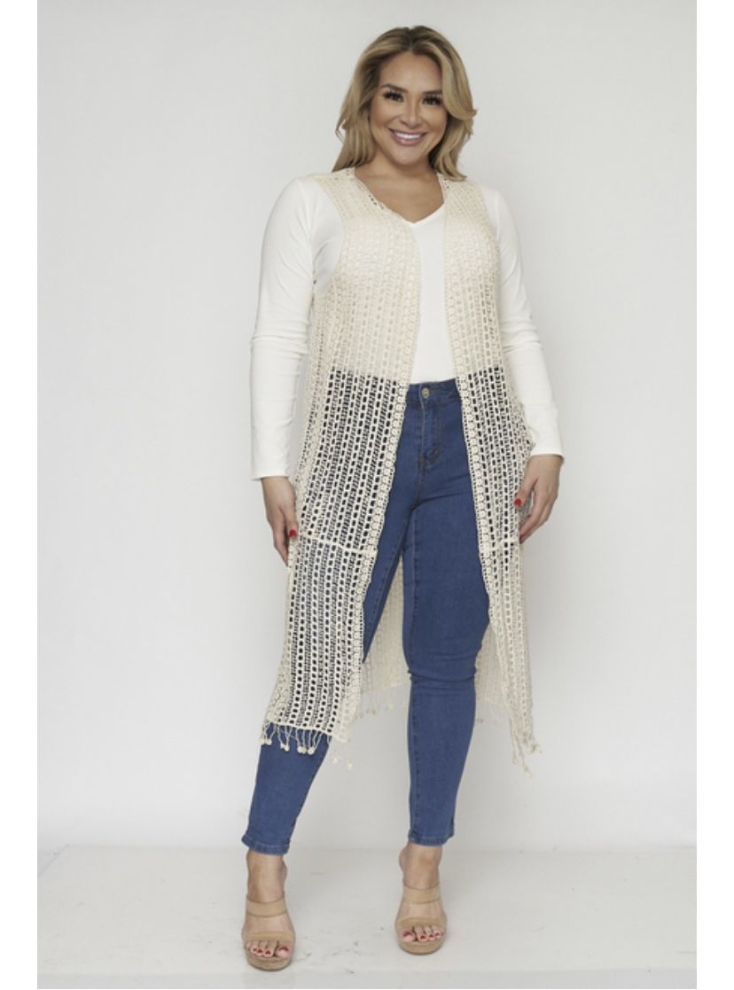 BEIGE SLEEVELESS FISHNET CROSHET LONGLINE PLUS SIZE CARDIGAN