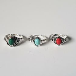 3 pieces Women's Rings Bohemia Antique Silver plated Stone Finger joint Ring, Fashion Size 8