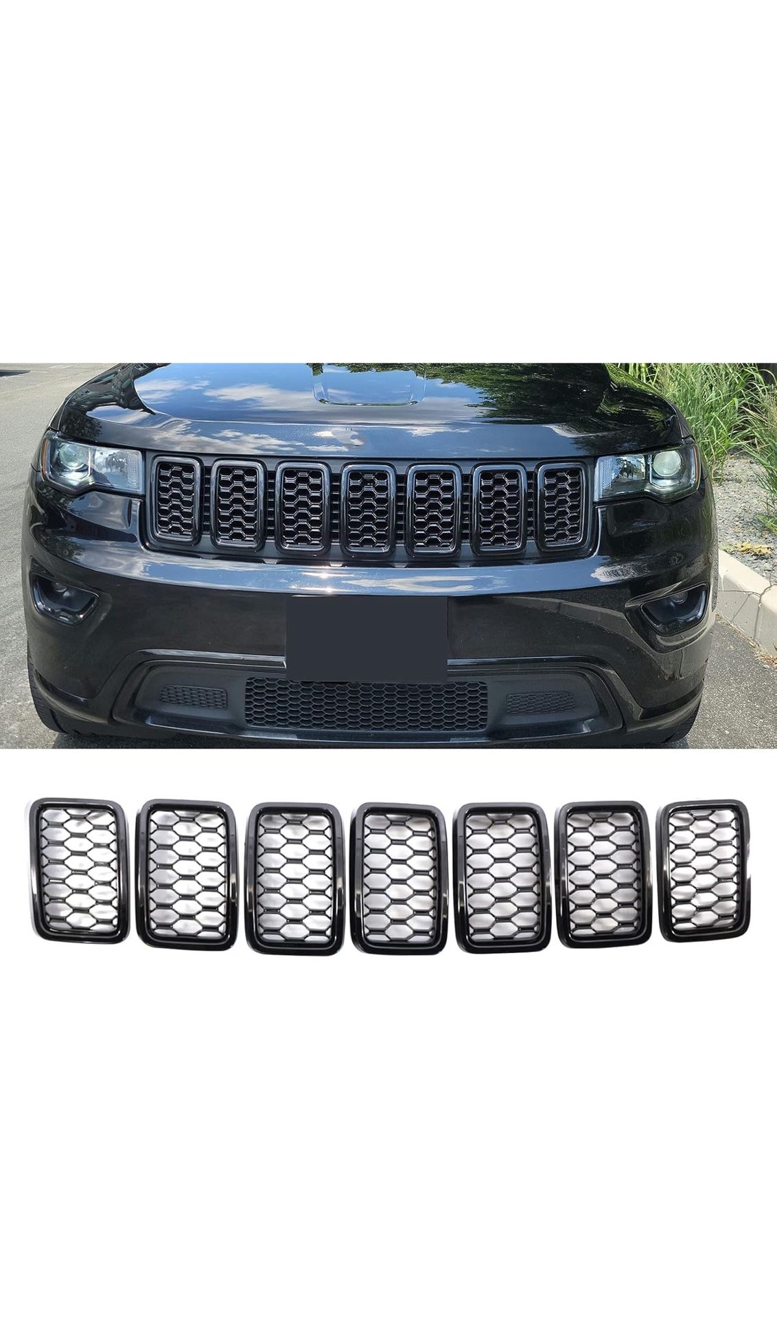 Juego de 7 piezas de anillos de malla frontal de nido de abeja negro brillante compatibles con Jeep Grand Cherokee 2017 2018 2019 2020 2021