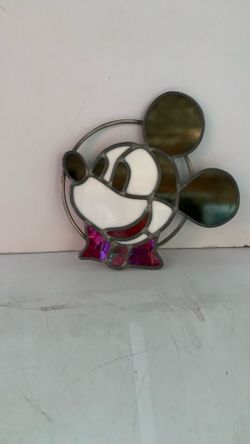 Vintage Round  MICKEY MOUSE StainGlass 9.5 inches approximately  from Tip of Mickey’s Ears to bottom of BowTie