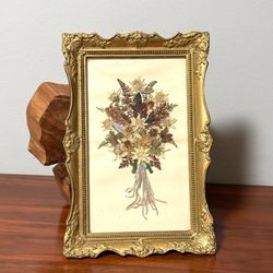 Vintage Real Swiss Alps Edelweiss Dried Flower Bouquet In Ornate Gilt Carved Wood Frame Wall Decor