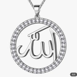 Circle Shaped White Zircon Pendant Allah Necklace Silver Plated Artificial Jewelry 