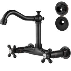 Airuida Wall Mounted 8 Inch Center Kitchen Sink Faucet Commercial Wall Mount Kitchen Tap Double Cross Handles 360 Rotatable Spout for Utility Laundry 