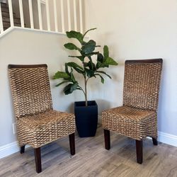 Solid Wood And Weaved Wicker/Rattan Chairs (x2)