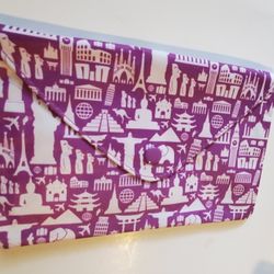 8" X 6" Purple/white Famous Icons Pouch: Buddha,  Statue Of Liberty,  Eiffel Tower..etc