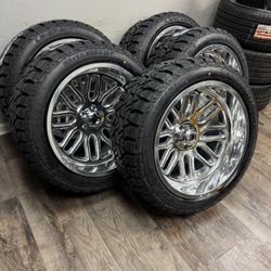 TOTAL OF 5 -NEW 22x12 fuel wheels wrapped in Lancaster 33x12.50R22 tires