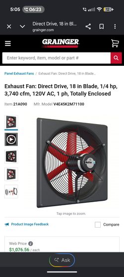 Brand new Multifan Exhaust Fan Direct Drive 18 in Blade 1/4 hp 3,740 cfm 120V AC 1 ph totally Enclosed V4E45K2M71100