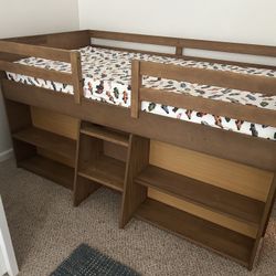 Max & Lily Modern Farmhouse Twin Low Loft Bed With Bookcases In Pecan
