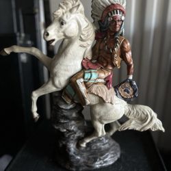 Vintage Indian Chief On Horseback Statue  16" Tall MEAKER 1988