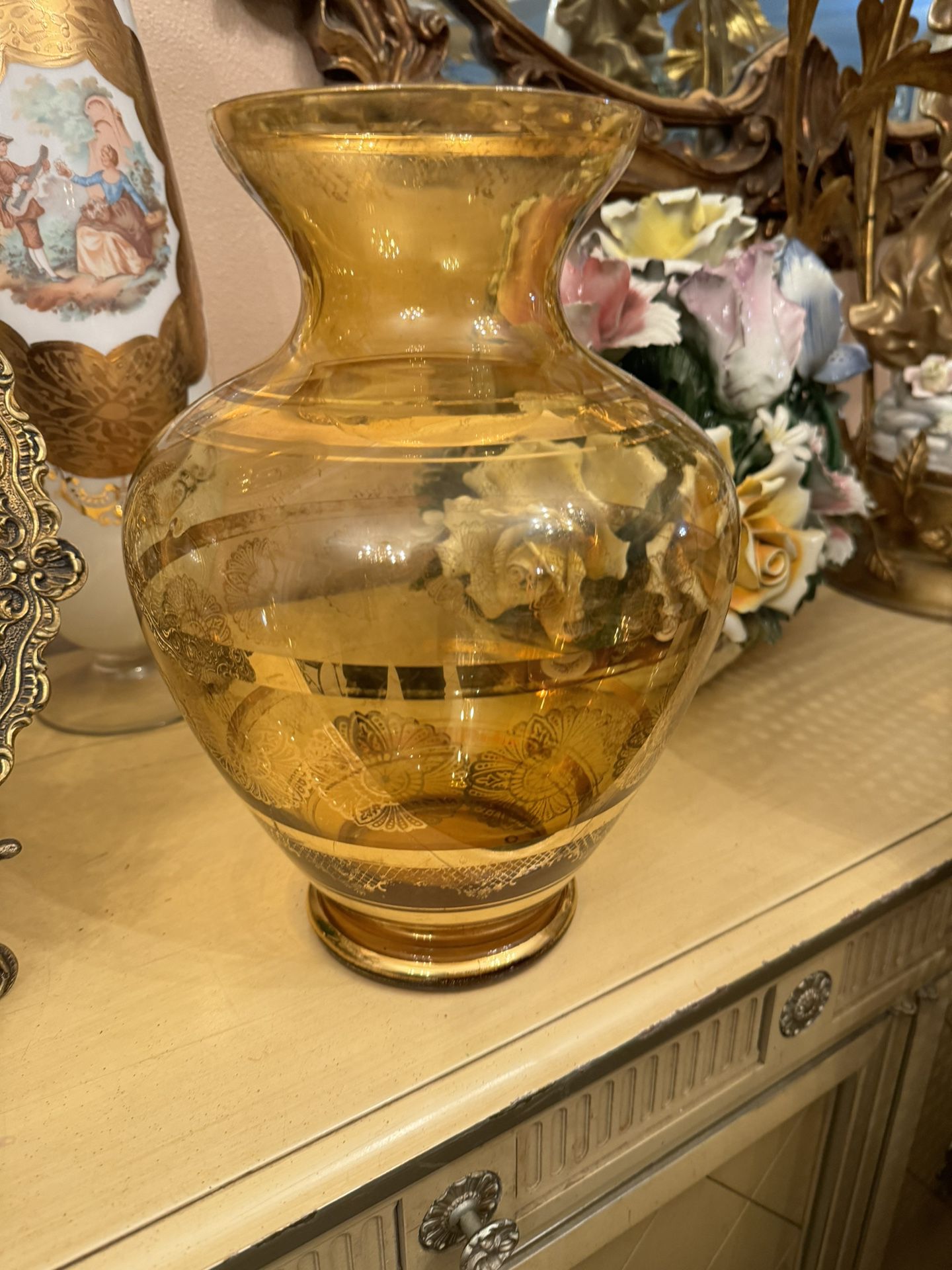 Vintage Large Bohemian Glass Vase With Gold Trim 
