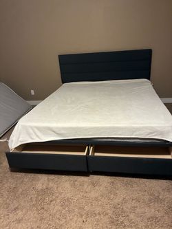 Dark Blue\Gray Upholstered Bed Frame with Storage Drawers