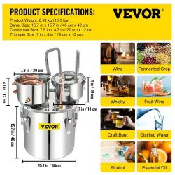 41} Alcohol Still, 13.2Gal / 50L Stainless Steel Water Alcohol Distiller Copper Tube Home Brewing Kit Build-in Thermometer for DIY Whisky Wine Brandy,